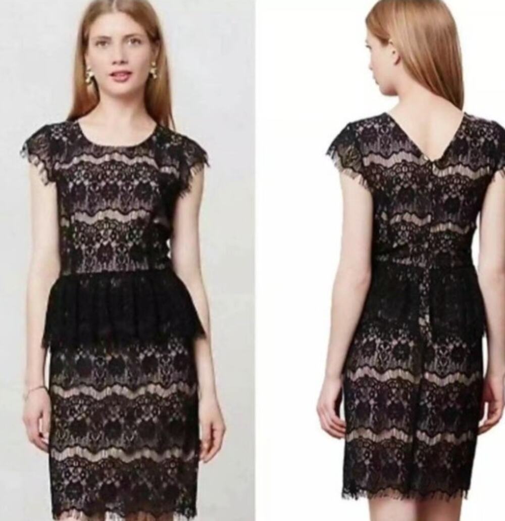 Maeve Anthropologie NWT Black Lace Elsa Overlay Peplum Mini Dress Size SP